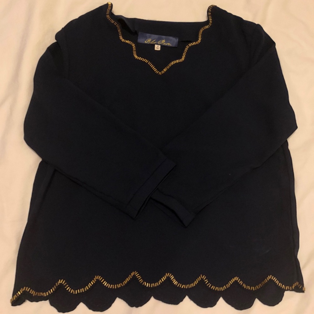 Navy blouse with scalloped glitter gold trim